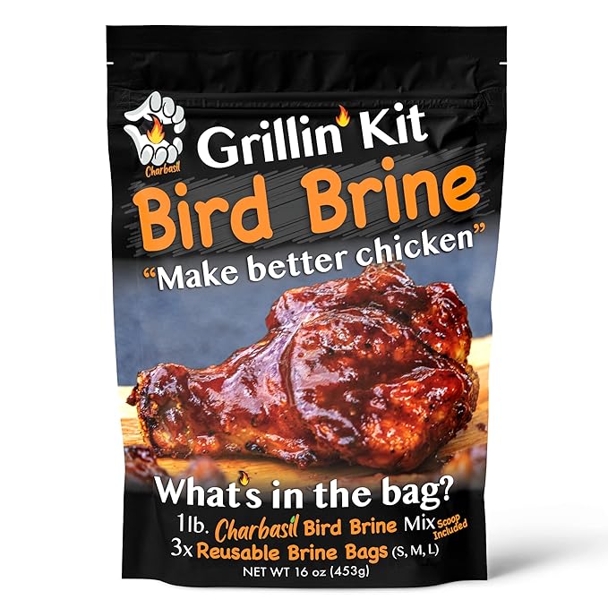 Charbasil Bird Brine Kit - 1 lb. of brining mix with scoop - 3 reusable brine bags S, M, L - Brining Guide – Makes 16+ lbs. of chicken - Great for BBQing, smoking, grilling, roasting