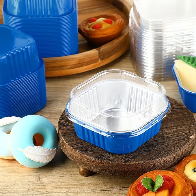 Aoriher 150 Pieces 10 oz Mini Cake Pans with Lids Aluminum Foil Baking Cups Square Disposable 4" x 4" Large Cupcake Cups Baking Tins for Kitchen Brownie Pudding Desserts Holders(Blue)