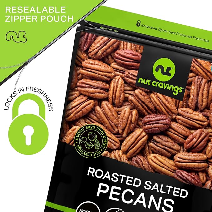 NUT CRAVINGS - Pecans Halves, Roasted & Salted, No Shell (16oz - 1 LB) Bulk Nuts Packed Fresh in Resealable Bag - Healthy Protein Food Snack, Food Assortments