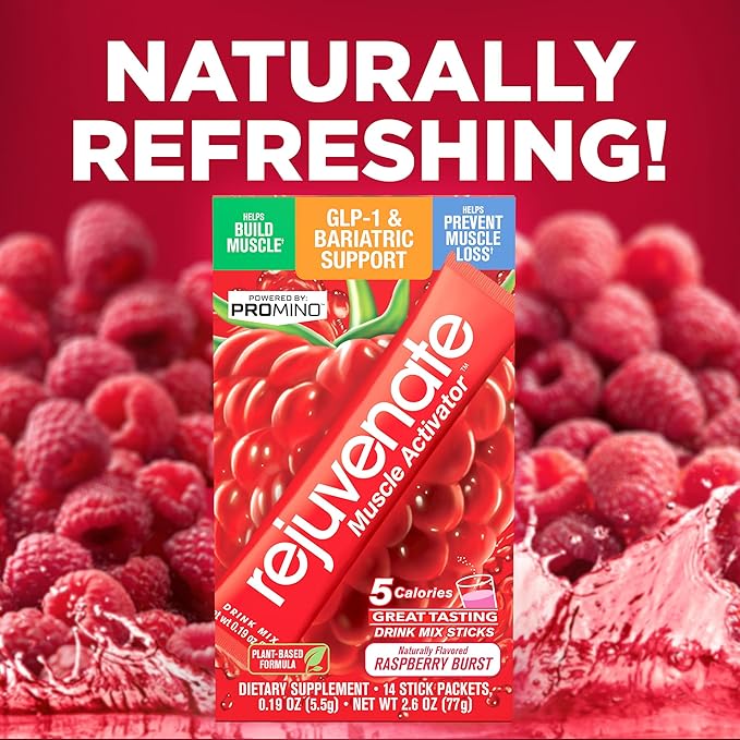 Rejuvenate ??1 Stick Delivers 25g of Whey Protein Equivalency for Muscle Growth & Energy ??Essential Amino Blend (EAA + BCAA), GLP-1 & Bariatric Approved, Raspberry Burst, 14 Count