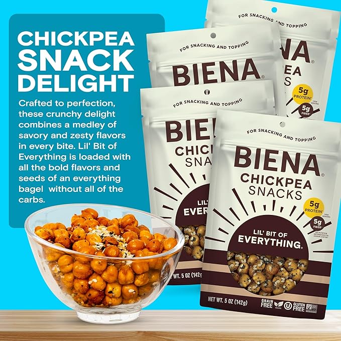 Biena Crispy Roasted Chickpea Snacks, Lil??Bit of Everything, High Protein Snacks, High Fiber Snacks, Gluten Free, Plant-Based, Non-GMO, Healthy Snacks for Adults and Kids, 4-Pack 5 Ounce Bags