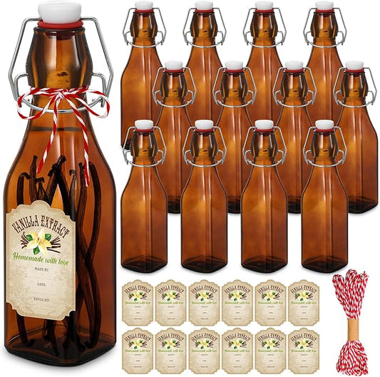 Uiifan 12 Pcs 8 oz Swing Top brown Square Glass Bottles for Vanilla Extract with Caps and Cotton Twines Label Flip Top Glass Bottle for Home Vanilla Brew Oil Beer Tea Supply