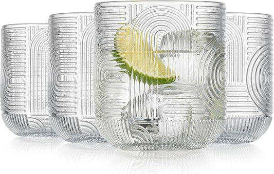 Glaver's Whiskey Glasses 13 oz Rocks Glass Double Old Fashioned Set of 4 DOF Home Bar Glasses Embossed Designed Elegant Clear Modern Vintage Drinking Glassware
