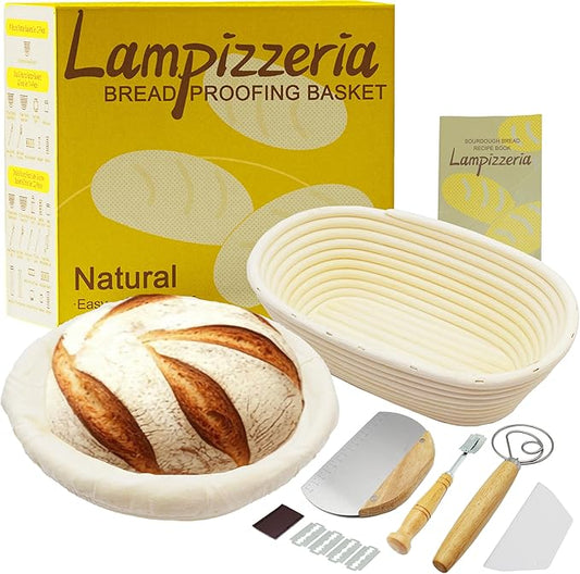 Round & Oval Rattan Banneton Basket Gift Kit with Accessories - Sourdough Bread Proofing Supplies (9" & 10", Liners, Scrapers, Lame) Natural for Home Bakers