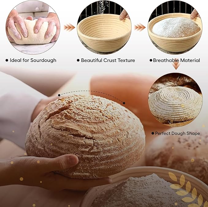 Sourdough Bread Proofing Basket Set ??9 inch Round Oval Banneton Baskets with Bread Lame, Dough Whisk, Scraper & Liners ??Bread Making Kit & Sourdough Starter Supplies