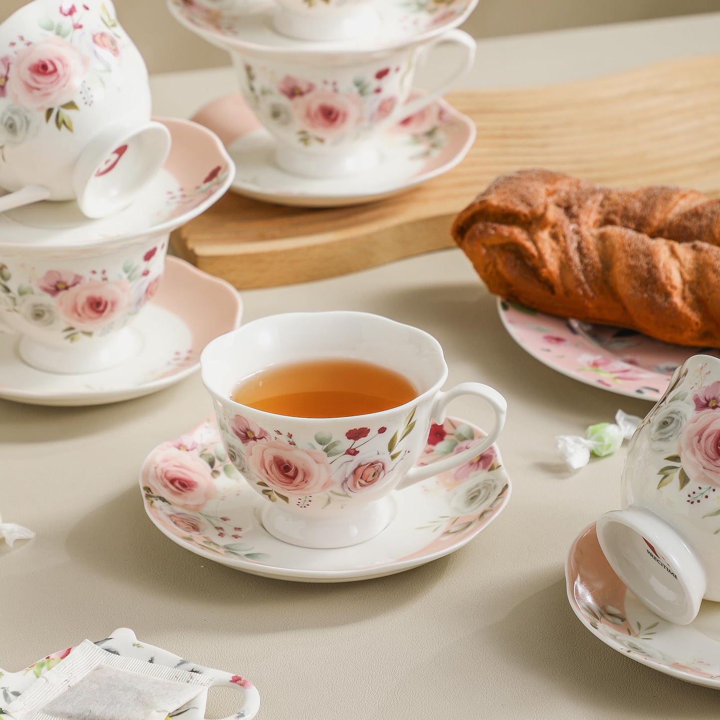 PRECITIME 6oz Floral Porcelain Tea Cup & Saucer Set of 6, Pink Rose, Party