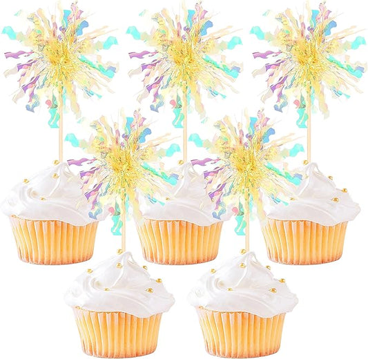 30 PCS Foil Firework Cupcake Toppers Sparkle Tinsel Cupcake Picks Happy Birthday Cake Decorations Drink Stirrers Cocktail Food Fruit Toothpicks for Baby Shower Graduation Party Supplies Yellow