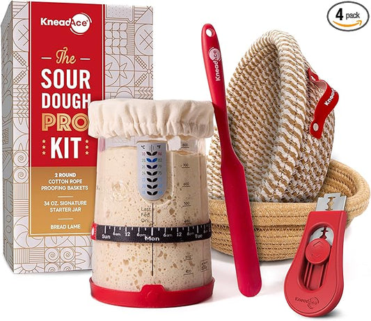 Sourdough Starter Kit (PRO 34oz Jar, 2xRound Baskets, Red Bread Lame)
