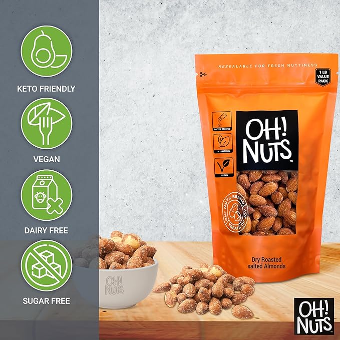 Oh! Nuts Almonds - Dry Roasted Salted - 1 lb - Freshly Oven Roasted and Salted Almonds - Packed in New York Zip-Seal Bag for Exceptional Freshness