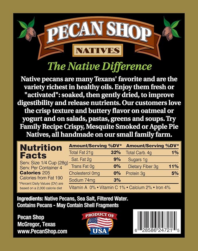 Pecan Shop Native Pecan Halves, Family Recipe Crispy, Soaked and Dried with Sea Salt, 1 Lb.