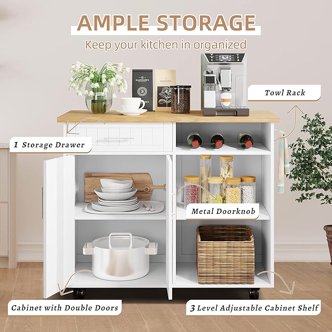 Shintenchi Kitchen Island Cart with Storage,Rolling Kitchen Island Side Table on Wheels with Large Worktop,Storage Cabinet,Towel Rack and Drawers for Kitchen,Dinning Room,Black