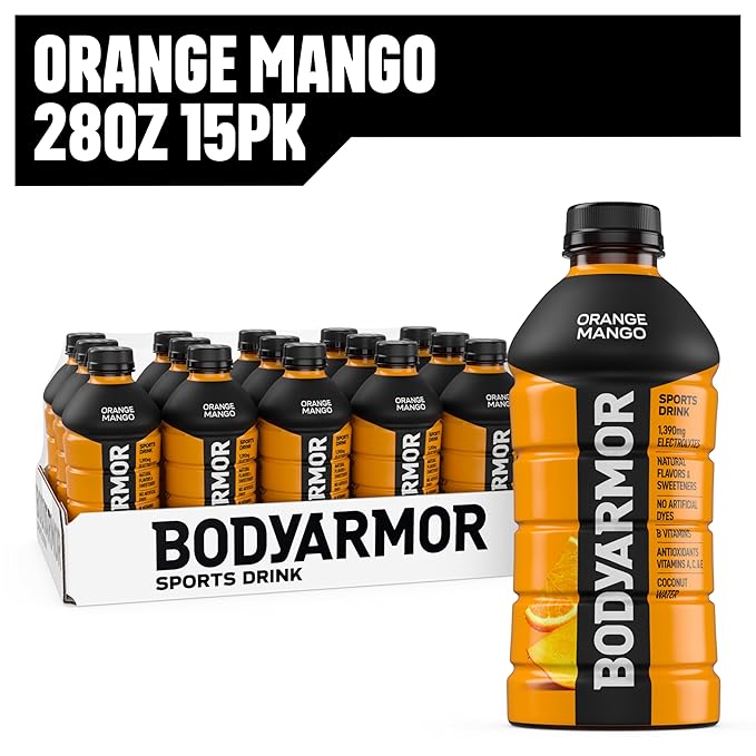 BODYARMOR Sports Drink Sports Beverage, Orange Mango, Coconut Water Hydration, Natural Flavors With Vitamins, Potassium-Packed Electrolytes, Perfect For Athletes, 28 Fl Oz (Pack of 15)