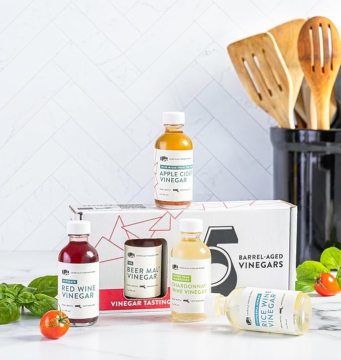 American Vinegar Works - Essentials Plus Vinegar Sampler Pack - Includes Apple Cider, Red Wine, Champagne Chardonnay Wine, Rice Wine, and Malt Vinegars - Great for Gifts - 2oz Bottles - 5 Pack