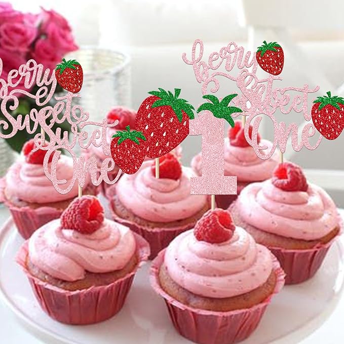24 Pack Sweet One Cupcake Toppers Glitter First Birthday Strawberry Cupcake Picks for Fruit Baby Shower 1st Birthday Berry Sweet Cupcake Decorations Party Supplies Pink