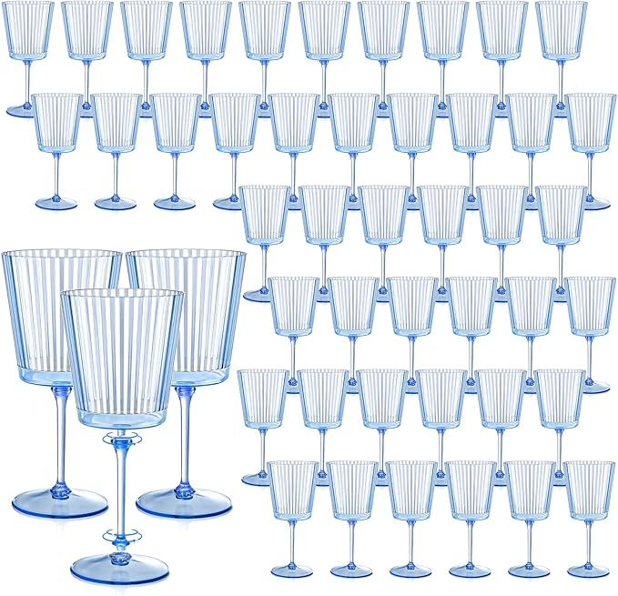 48 PCS Blue Ribbed Plastic Wine Glasses 13.5 OZ Ribbed Wine Glasses Detachable Wine Glass Elegant Fluted Glassware Vintage Style for Wedding Anniversary Birthday Dinner Parties(Blue, 48 Pack)