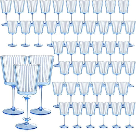 48 PCS Blue Ribbed Plastic Wine Glasses 13.5 OZ Ribbed Wine Glasses Detachable Wine Glass Elegant Fluted Glassware Vintage Style for Wedding Anniversary Birthday Dinner Parties(Blue, 48 Pack)