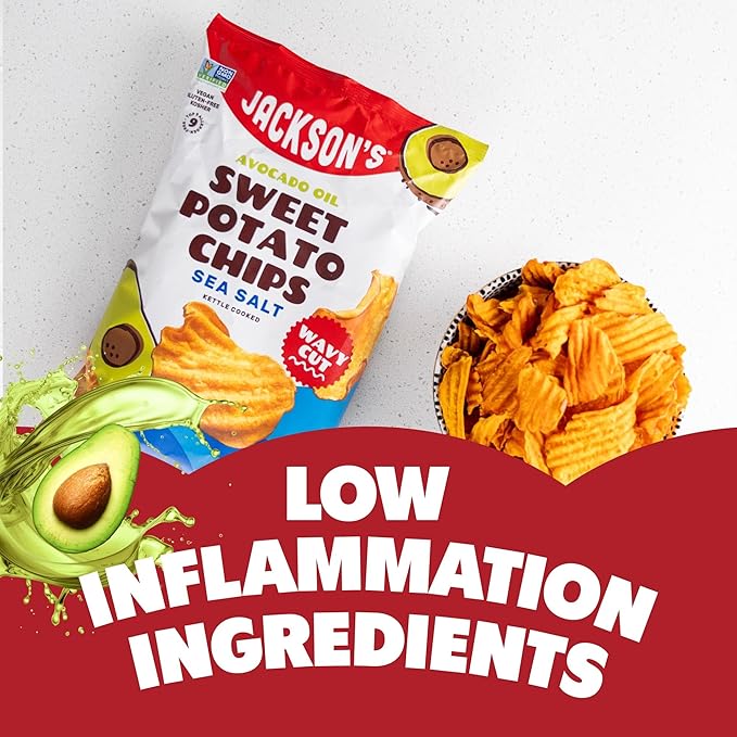 Jackson???Wavy Sweet Potato Kettle Chips - with Sea Salt made with Premium Avocado Oil (7oz, Pack of 6) - Allergen-friendly, Gluten Free, Peanut Free, Vegan, Paleo Friendly - Shark Tank Product