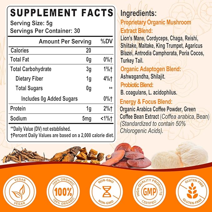 Mushroom Coffee - Mushroom Coffee Organic with 11 Superfood Mushrooms, Includes Lion's Mane, Reishi, Chaga, Cordyceps and Adaptogens, Mushroom Supplement for Energy, Focus, Memory and Immunity - 5.3oz