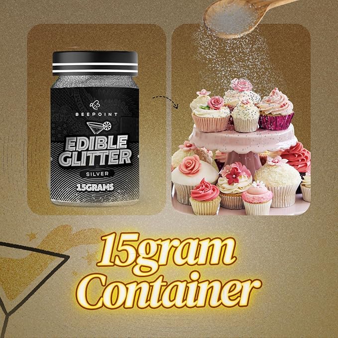 BeePoint Silver Edible Glitter for Drinks 15g - Food Grade, Vibrant Color Shimmer Powdered Dust for Drinks, Cocktails, Cake Decorating, Baking, Chocolates, Candy, Sweets, & Cookies - Vegan & Gluten Free