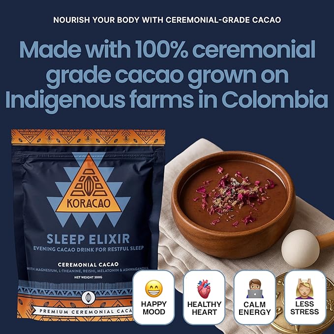 KORACAO Sleep Elixir Cacao Blend ??Ceremonial-Grade Cocoa Drink with Magnesium, L-Theanine, Reishi, Melatonin & Ashwagandha ??300g (30 Servings) for Relaxation & Restful Sleep