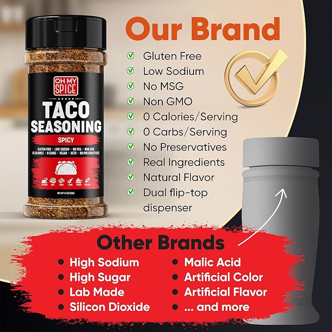 Taco Seasoning Mix Spicy Chili Powder - Gluten Free & Low Sodium Mexican Seasoning Blend for Taco Tuesday Night. Fajita & Burrito Spicy Seasonings. Meat, Chicken & Fish Tacos Hot Spices Topping. 4.5oz