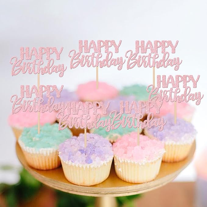 30 PCS Happy Birthday Cupcake Toppers Glitter Happy Birthday Cupcake Picks for Celebrating Anniversary Theme Party Cake Decorations Supplies Light Pink