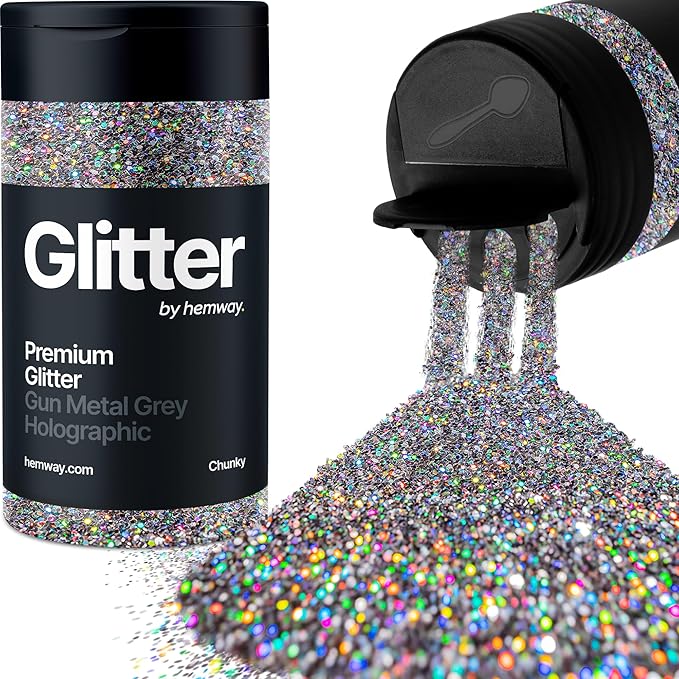 Hemway Premium Glitter Shaker - Gun Metal Grey Holographic | 130g Chunky Metallic Flake Sequins for Resin & Epoxy Crafts | Craft Supplies for Tumblers, Festival, Art