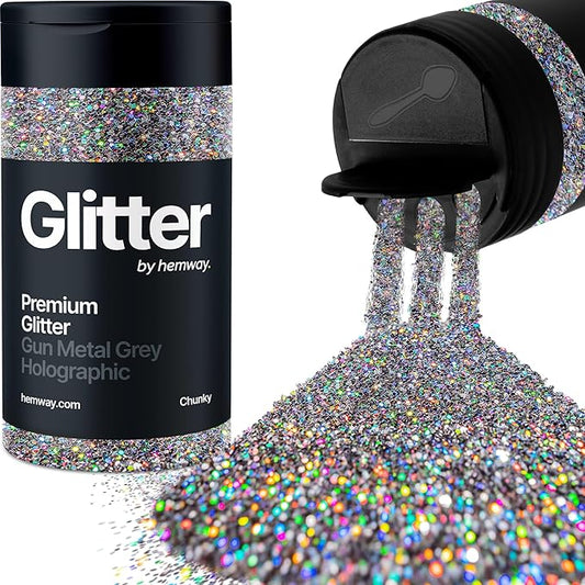 Hemway Premium Glitter Shaker - Gun Metal Grey Holographic | 130g Chunky Metallic Flake Sequins for Resin & Epoxy Crafts | Craft Supplies for Tumblers, Festival, Art