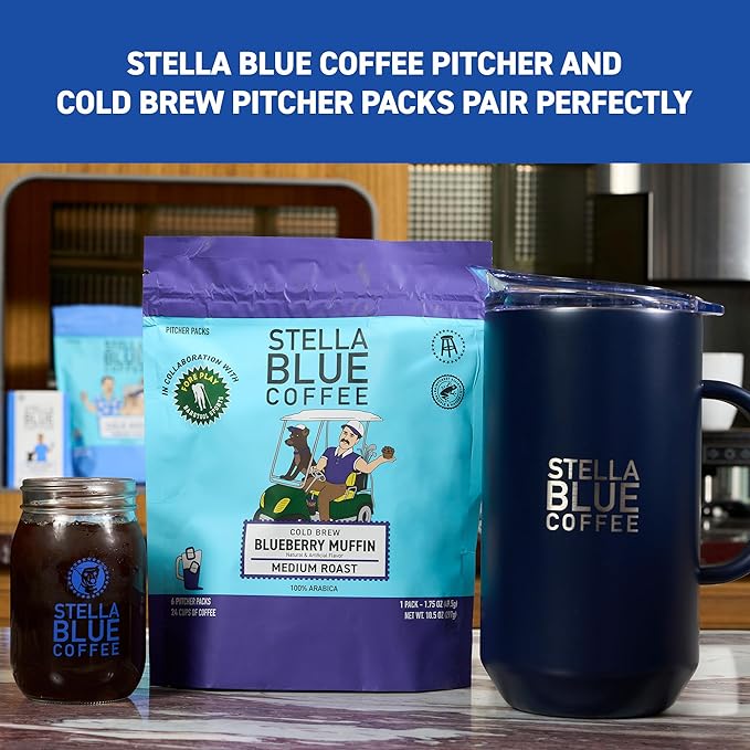 STELLA BLUE Fresh Cold Brew Coffee | Blueberry Muffin | 100% Arabica Medium Roast | Notes of Blueberry Cinnamon and Brown Sugar | Cold Brew Packets | Makes 24 Pods | 6 Easy Cold Brew Pouches
