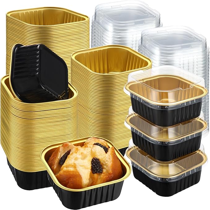 200 Pack 5 oz Square Baking Cups with Lids Aluminum Foil Mini Cake Pans with Lids Disposable Ramekins Tins Dessert Containers Cupcake Pans for Pudding Souffle Wedding Birthday Party Picnic