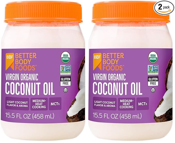 BetterBody Foods Organic Unrefined Coconut Oil - Natural Hair and Skin Moisturizer and Cooking Oil - Light Aroma and Flavor - Butter Alternative - 15.5 Fl Oz (Pack of 2)