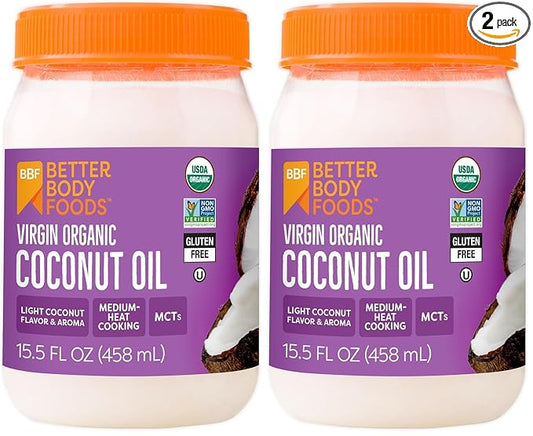 BetterBody Foods Organic Unrefined Coconut Oil - Natural Hair and Skin Moisturizer and Cooking Oil - Light Aroma and Flavor - Butter Alternative - 15.5 Fl Oz (Pack of 2)