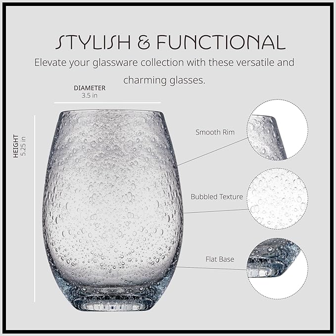 Artland Stemless Wine Glass, Set of 4 | Iris Seeded Design, Clear | Drinking Glass for Parties and Everyday Use - Wine, Champagne, Cocktail | Glassware & Barware Essentials