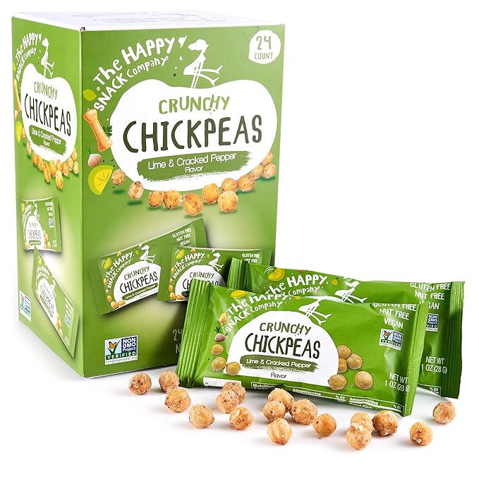 The Happy Snack Company Crunchy Chickpeas Lime & Cracked Pepper 24 x 1 oz. 5g Plant Based Protein & 120 Cals. Gluten,Nut & Dairy Free, Non-GMO and Vegan.