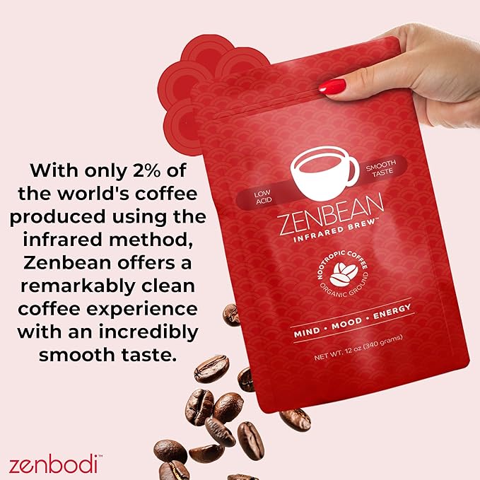 Zenbean Infrared Brew Medium Grind Low Acid Coffee - Nootropic Coffee with Rhodiola Rosea and L-Theanine, Smooth Taste, Balanced Flavor, Helps Improve Mood, Energy, and Focus