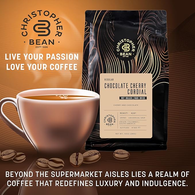 Christopher Bean Coffee - Certified Kosher - Regular Ground Universal Drip Chocolate Cherry Cordial Flavored Coffee| Coffee Beans with Medium Roast 100% Arabica, No Sugar, No Fats, Non-Gmo | 10-Ounce Bag