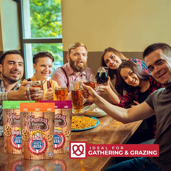 Knotty Pretzels ???쏷he Official Pretzel of Beer??7.5 Ounce Pretzel in Resealable Snacks Bags, Flavored Pretzels, Hot Wings, Smokey Cheddar Bacon, Chile Lime - Bold Variety (3 Pack)