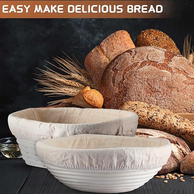 Nuanchu 4 Pcs Proofing Basket 9 Inch Round Bread Proofing Basket 10 Inch Oval Rattan Baking Bowl for Sourdough Bread Baking Home Bakers