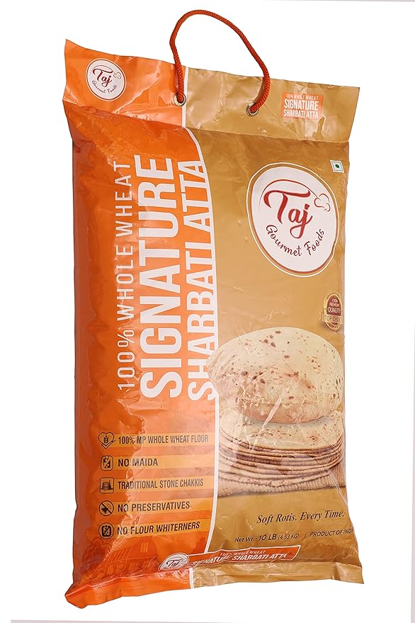 TAJ Signature Sharbati Atta, 10lbs, (Chakki Atta - Stone Ground) 100% Whole Wheat Flour, Chappati Flour