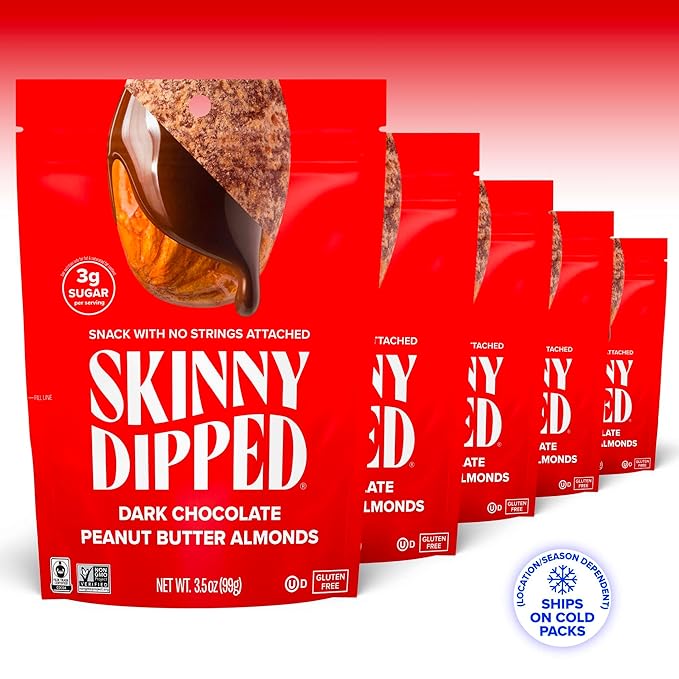 SkinnyDipped Dark Chocolate Peanut Butter Almonds, Healthy Snack, Plant Protein, Gluten Free, 3.5 oz Resealable Bags, (Pack of 5)
