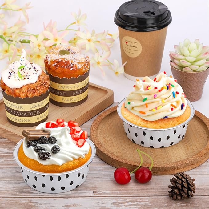 Beasea 8oz Aluminum Ramekins 100 Pack, 3.9" Disposable Baking Foil Cups Mini Ramekin Cup Cupcake Aluminum Baking Cups for Party - Black Dot in White