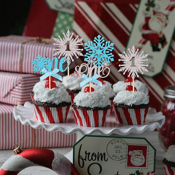 24 PCS Snowflake One Cupcake Toppers with Glitter Bow First Birthday Snowflake Cupcake Picks for Winter Onederland Theme Baby Shower Kids 1st Birthday Party Cake Decorations Supplies Silver Blue