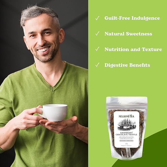 Nelson's Tea Raspberry Chocolate Truffle - Loose Leaf Black Tea with Raspberry Leaf, Rooibos, Truffle Essence, Carob Beans, Hibiscus & Chocolate Chips, Infused with Natural Flavors - 2 oz.