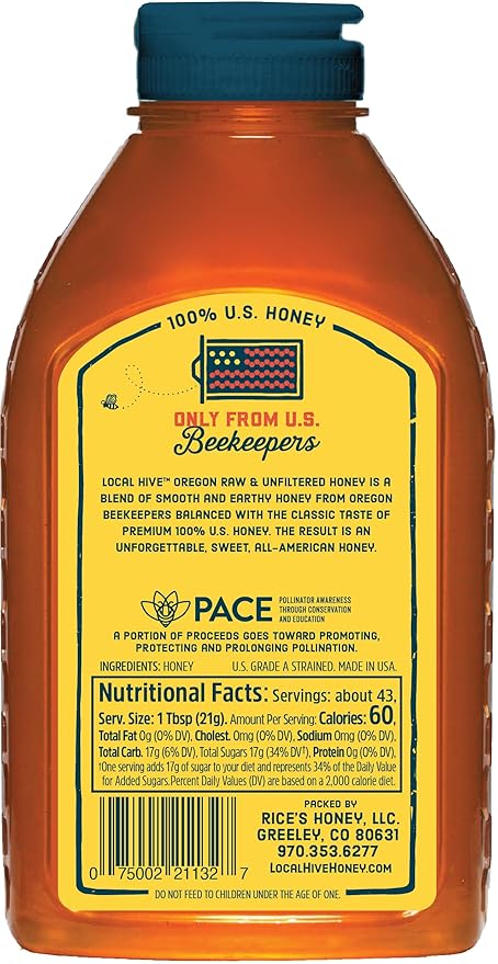 Local Hive Oregon Raw Unfiltered Honey – 32oz, 100% Pure US Honey, Sourced from American Bees and Beekeepers - Natural Sweetener, Ideal for Tea, Baking, and Cooking