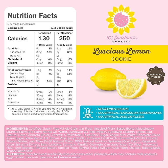 KC Sunshine’s Gluten Free Cookies (Lemon, Pack of 6) – Gluten Free Snacks - Dairy Free, Nut Free, Vegan Friendly & Plant Based Cookies – Gluten Free Cookies Individually Wrapped