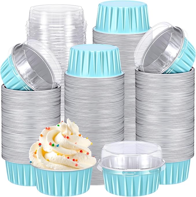 Gejoy 400 Pcs Aluminum Foil Baking Cups with Lids 5 oz Disposable Ramekins Mini Cake Pans Creme Brulee Cupcake Liners Muffin Tins Flan Mold Dessert Container for Wedding(Blue,Classic)