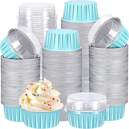 Gejoy 400 Pcs Aluminum Foil Baking Cups with Lids 5 oz Disposable Ramekins Mini Cake Pans Creme Brulee Cupcake Liners Muffin Tins Flan Mold Dessert Container for Wedding(Blue,Classic)