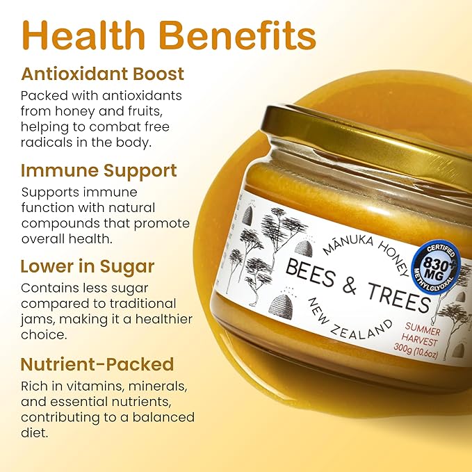Bees & Trees Manuka Honey 830+ MGO – Pure New Zealand Raw Monofloral Honey – Unpasteurized & Natural – 300g (10.6oz) Glass Jar – Perfect for Coffee, Tea & Daily Wellness