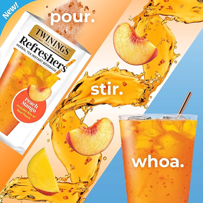 NEW Twinings Peach Mango Refreshers, Herbal Tea Instant Beverage with Real Peach Fruit Bits, 5 Count (Pack of 6), Café Style, No Artificial Sweeteners, Naturally Caffeine-Free Refreshment, 30 Packets