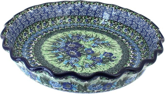 Blue Rose Polish Pottery - Blue Sapphire Fields Pie Plate - 10" Diameter - Ceramic Baking Dish, For Pies, Quiches & Desserts
